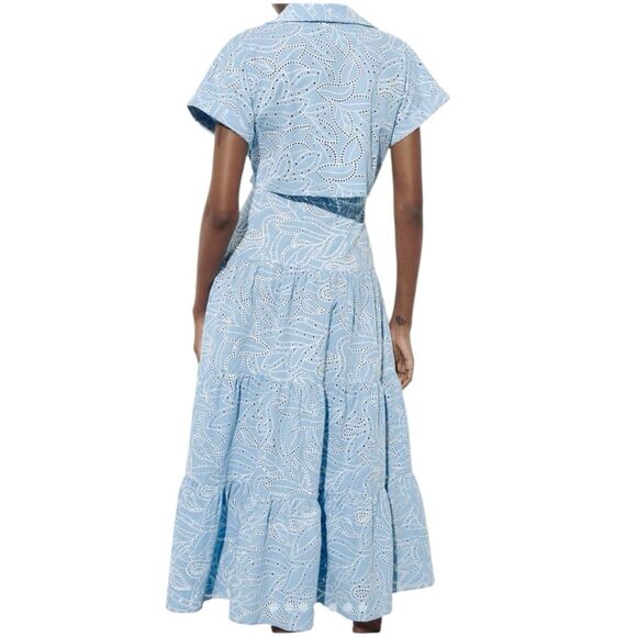 ZARA‎ Dress WMNS M Blue Embroidered Eyelet Midi  Shirt Cutwork V-Neck 7946/528 - Picture 15 of 16